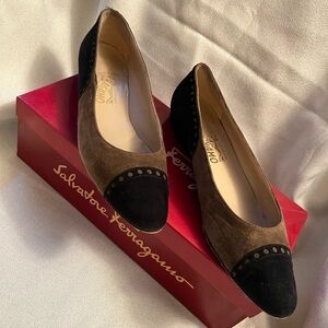 Salvatore Ferragamo Two-Tone Suede Flats in Brown and Black